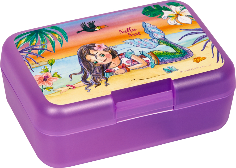 Butterbrotdose - Nella Nixe (am Strand) Lilafarbene Lunchbox mit einer Meerjungfrau und tropischen Blumen auf dem Deckel.