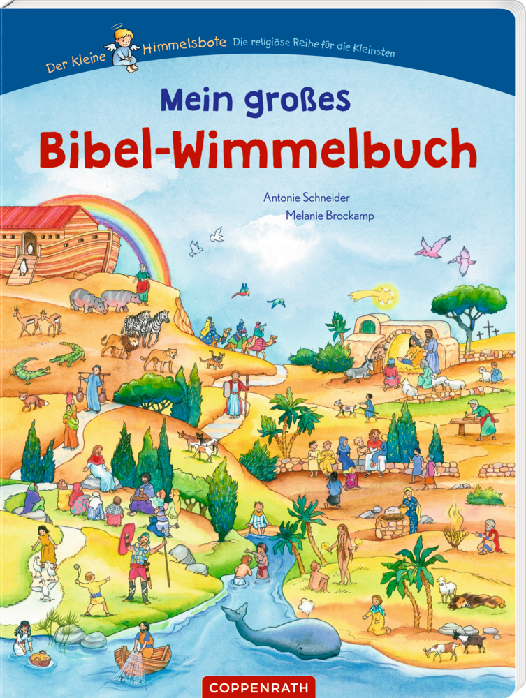Mein großes Bibel-Wimmelbuch (Der kleine Himmelsbote) Farbenfroher Kinderbibeleinband mit illustrierten biblischen Szenen, Menschen, Tieren, Bäumen und dem Titel "Mein großes Bibel-Wimmelbuch".