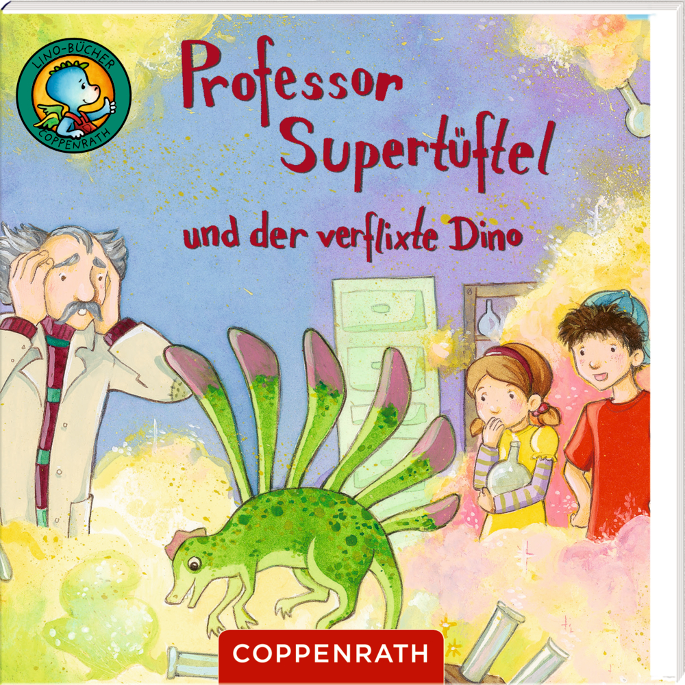Drei bunte Dinosaurier, wobei ein kleiner grüner auf der Nase eines größeren Dinosauriers sitzt, auf dem Cover von "Alma und die Bronto-Bande".