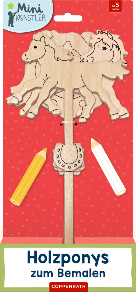 Holzponys zum Bemalen (Mini-Künstler) Holz-Steckponys mit zwei Buntstiften, beschriftet mit „Holzponys zum Bemalen“.