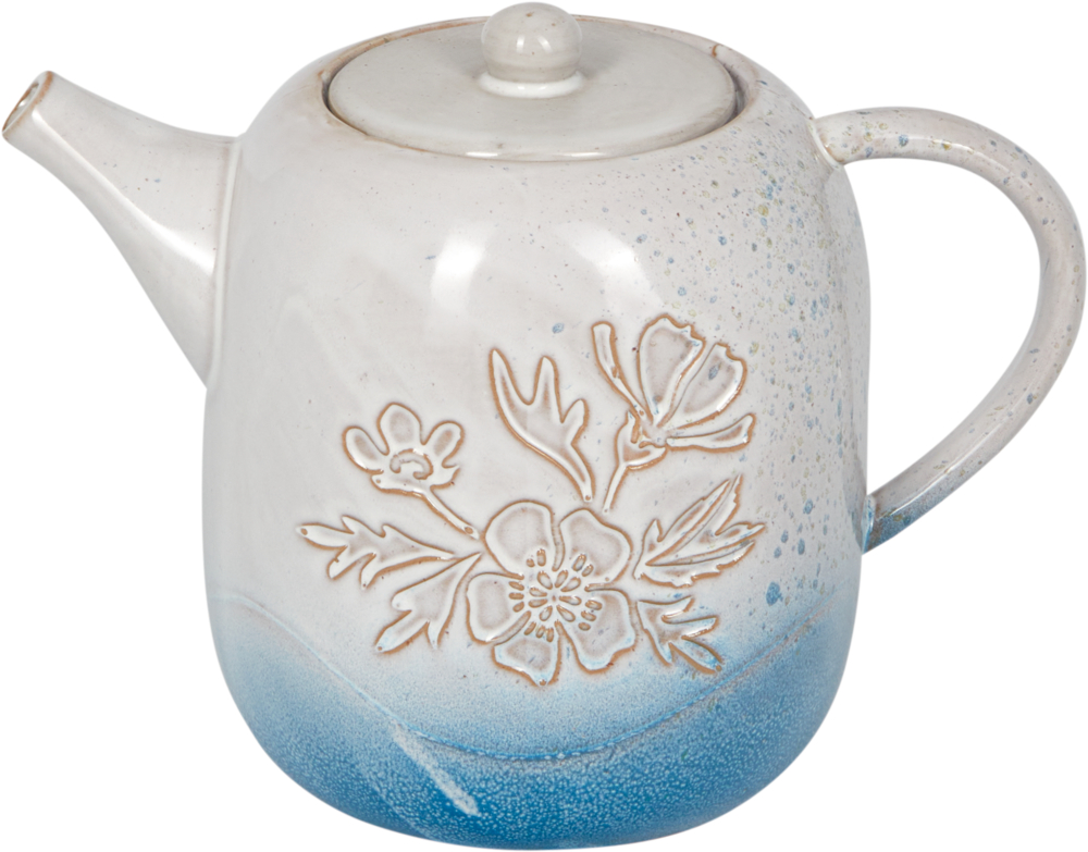 Weiß-blaue Keramikteekanne mit floraler Gravur an der Seite und abgerundetem Deckel.