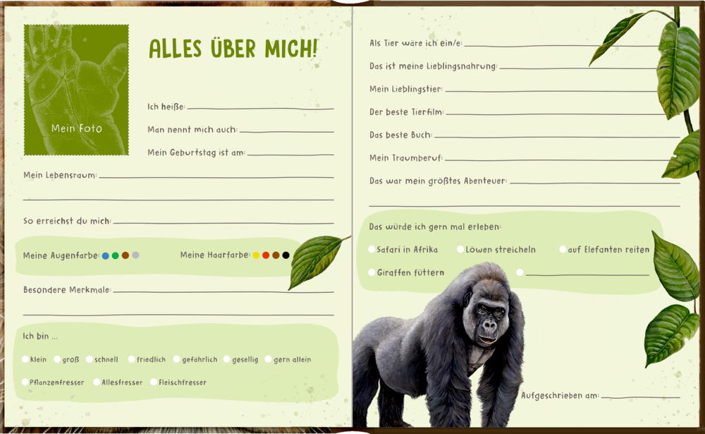 Freundebuch mit Gorillabild, Pflanzenillustrationen und Lückentexten.