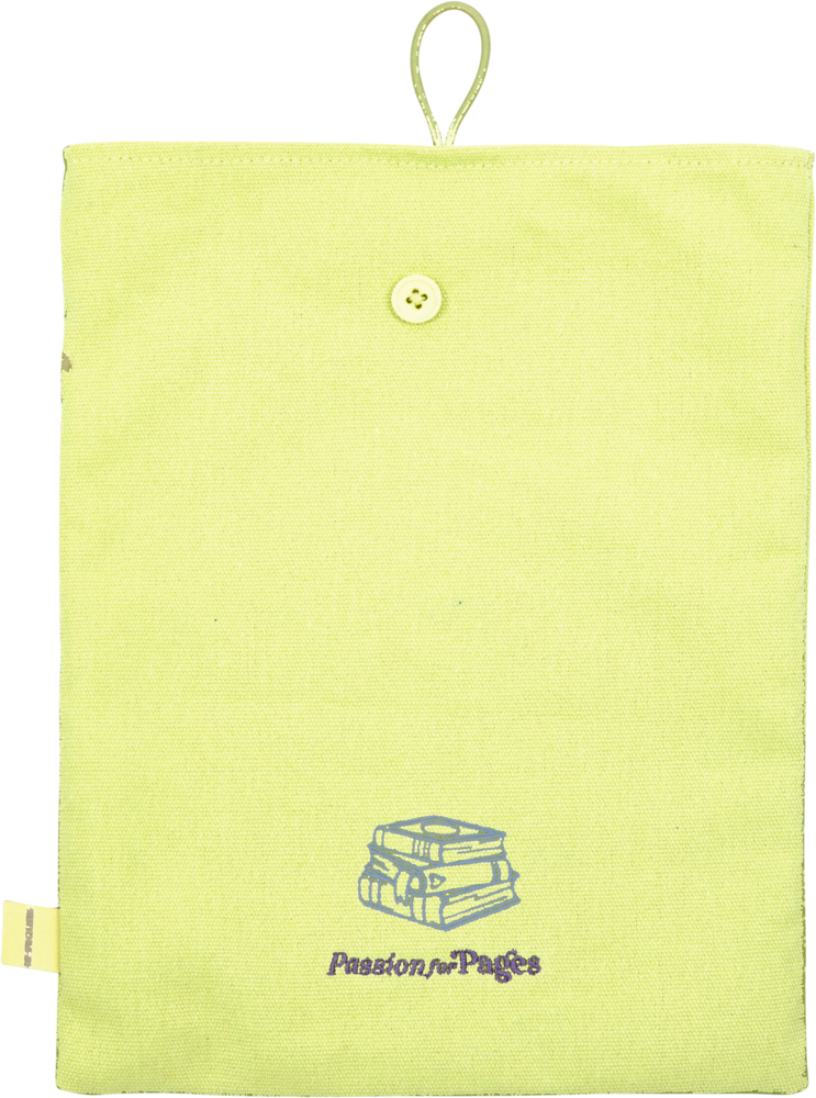 Hellgrüne Buchhülle mit Knopf, Schlaufe und einer Illustration von Büchern mit dem Schriftzug Passion for Pages.