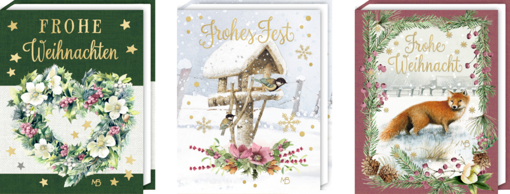 Drei Weihnachtsbüchlein mit winterlichen Motiven: Kranz aus Blättern und Blüten, Vogelhaus im Schnee mit Meisen, roter Fuchs im verschneiten Feld.