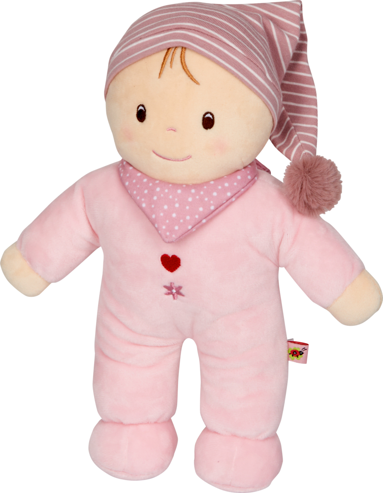 Plüsch-Babypuppe im rosa Pyjama, gestreifter Mütze und rosa Halstuch mit Herz und Stern auf der Brust.