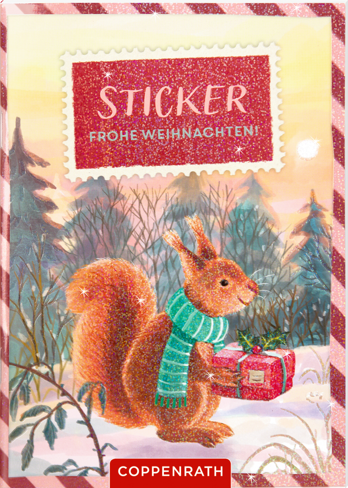Ein Eichhörnchen mit Schal hält ein Geschenk in verschneiten Wäldern. Text: „Aufkleber Frohe Weihnachten!“.
