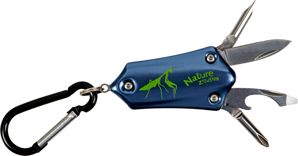 Mini-Multitool  Nature Zoom Blaues Multifunktionswerkzeug mit Karabiner, grüner Käfergrafik und teilweise geöffnetem Messer und Schraubenzieher.