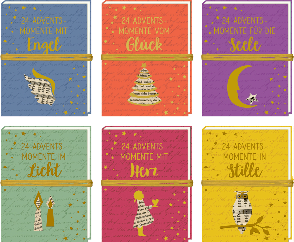 Sechs farbige Notizbücher mit goldener Kordel und weihnachtlichen Symbolen wie Engel, Baum, Mond, Kerze, Mädchen und Eule.