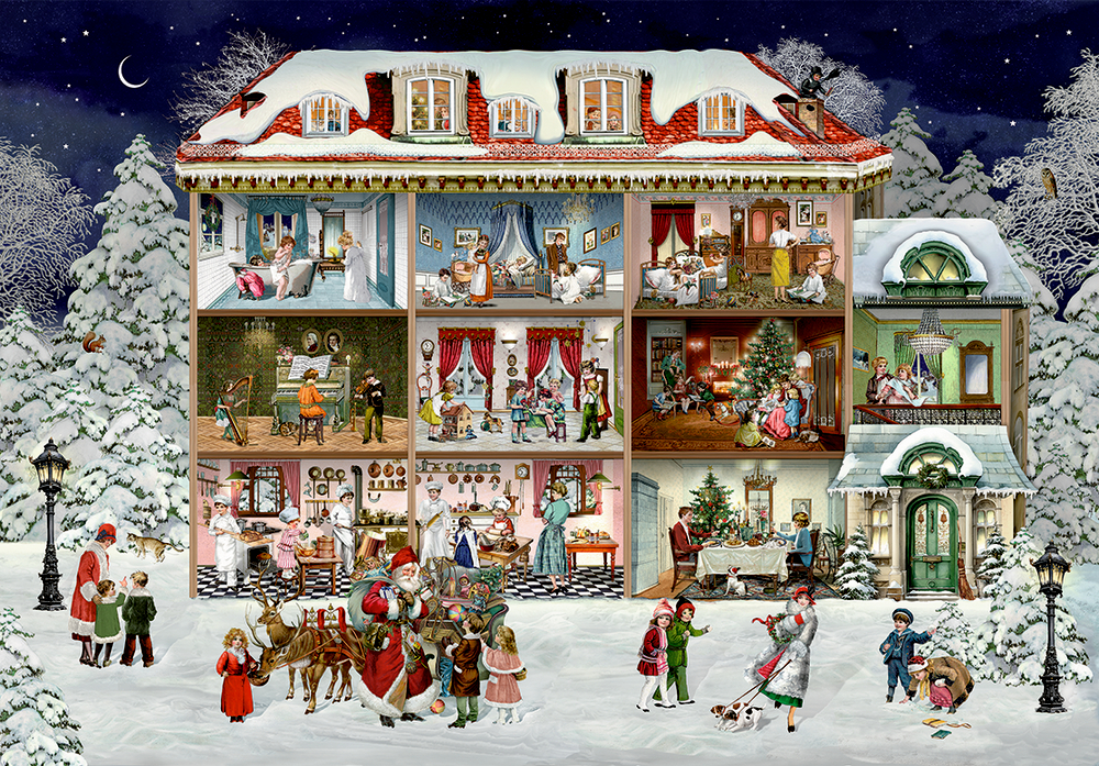Festliches, schneebedecktes Haus mit Menschen, die drinnen und draußen Weihnachten feiern.