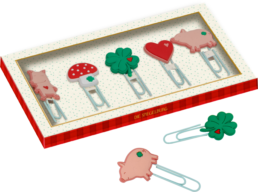 Deko-Klammern - Viel Glück Set aus 5 dekorativen Büroklammern mit Schweinen, Pilz, Kleeblatt, Herz in Geschenkbox.