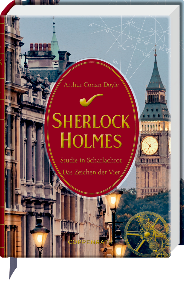Kleine Schmuckausgabe: Sherlock Holmes (Bd.1) - Eine Studie/Im Zeichen Buchcover von Sherlock Holmes mit Big Ben, der Skyline von London und Straßenlaternen im Hintergrund.