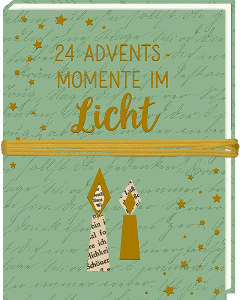 Grünes Buch mit goldener Aufschrift „24 Adventsmomente im Licht“, goldener Kordel und zwei stilisierten Kerzen auf der Vorderseite.