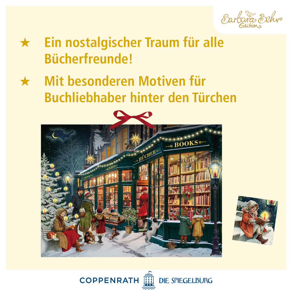 Illustration einer winterlichen Straßenszene mit Menschen vor einer beleuchteten Buchhandlung.