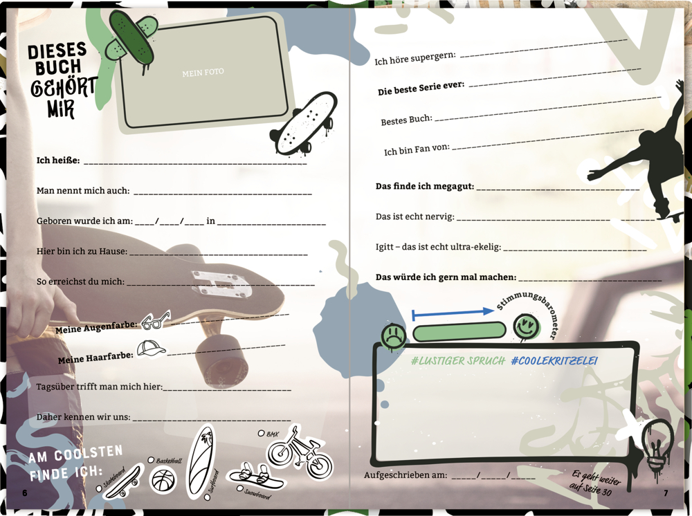 Eine offene Freundebuchseite mit Skateboard-Grafiken und Eingabeaufforderungen für persönliche Informationen.