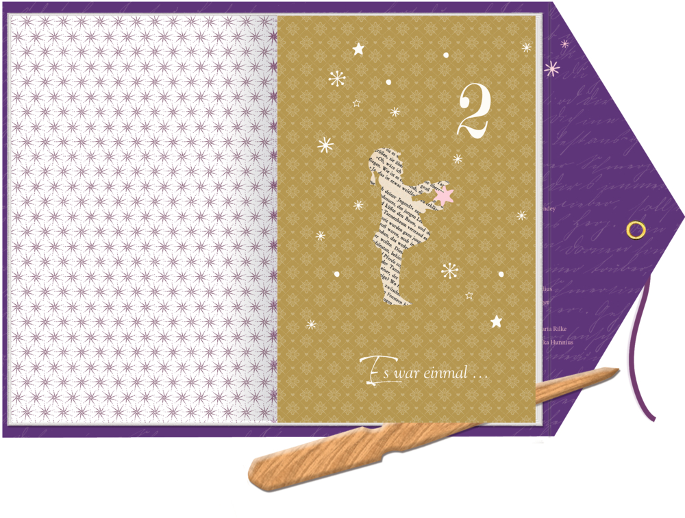 Offenes Buch, rechts die Silhouette eines Kindes, das einen Stern hält, darunter die Zahl 2 und den Text „Es war einmal…“.