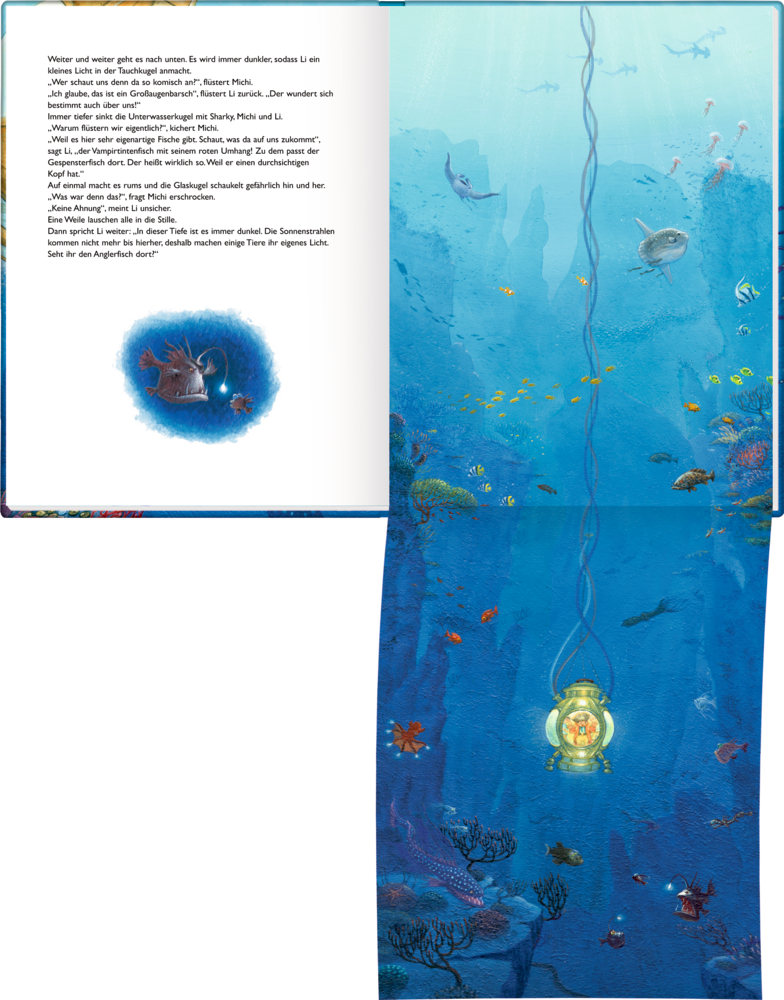 Ein Tiefseetaucher taucht in den blauen Ozean hinab, umgeben von Fischen und Meeresbewohnern in einer Unterwasserwelt.