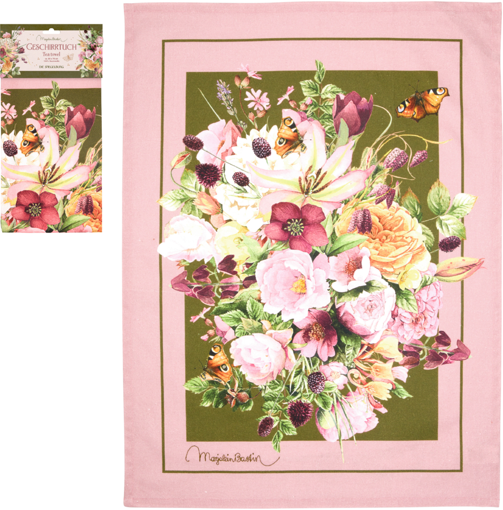 Rosa und grünes Geschirrtuch mit Schmetterlingen und verschiedenen Blumen in einem komplizierten, dekorativen Blumenmuster.