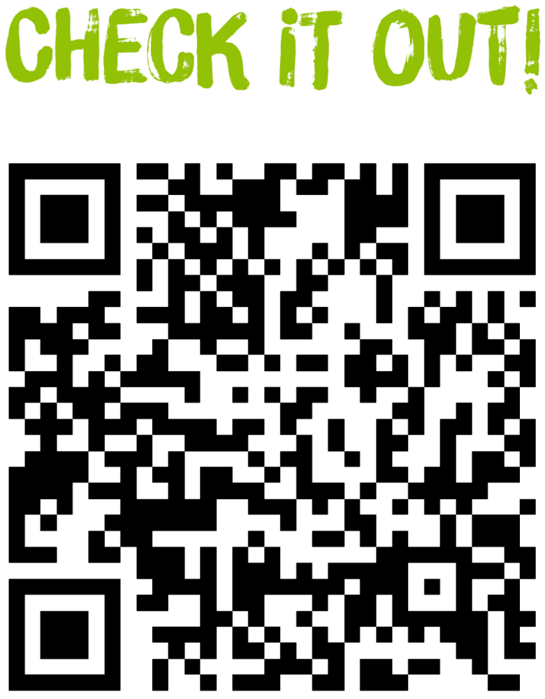 Schwarzer QR-Code mit grünem Text „CHECK IT OUT!“ darüber.