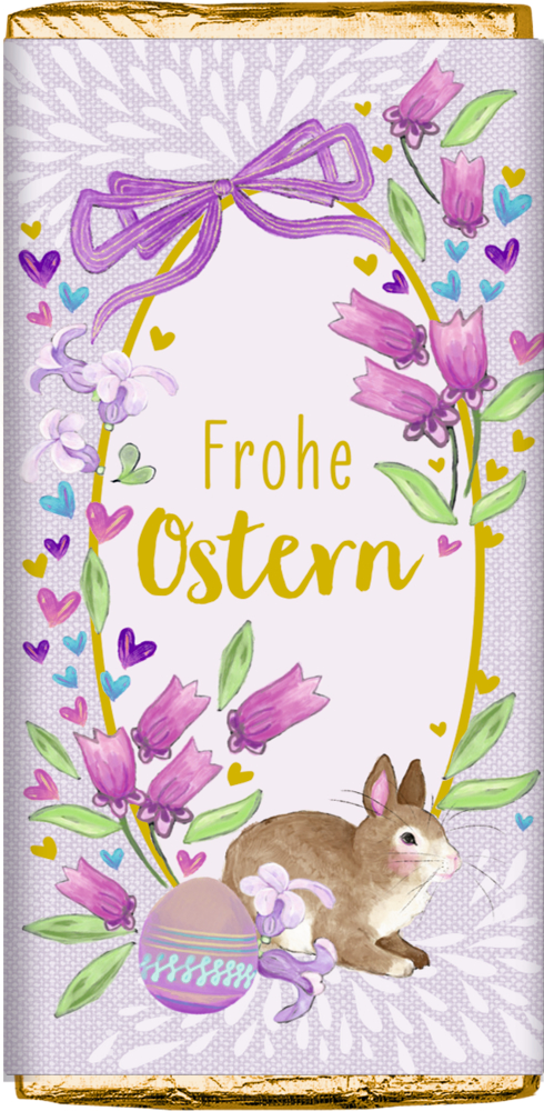 Lila Schokoladenverpackung mit Frohe Ostern, Blumen, Herzen, Schleife, Hase und Osterei.