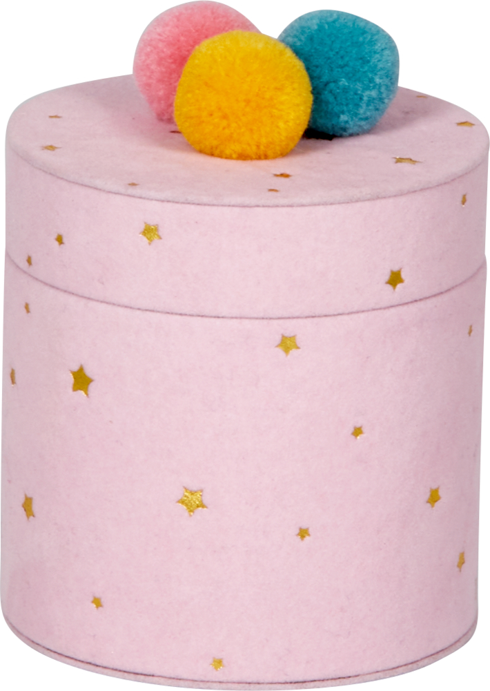 Kleine Schmuckdose (rund) - Prinzessin Lillifee Rosafarbene Zylinderbox mit goldenen Sternen; Deckel mit drei Pompons in Rosa, Gelb und Blau.