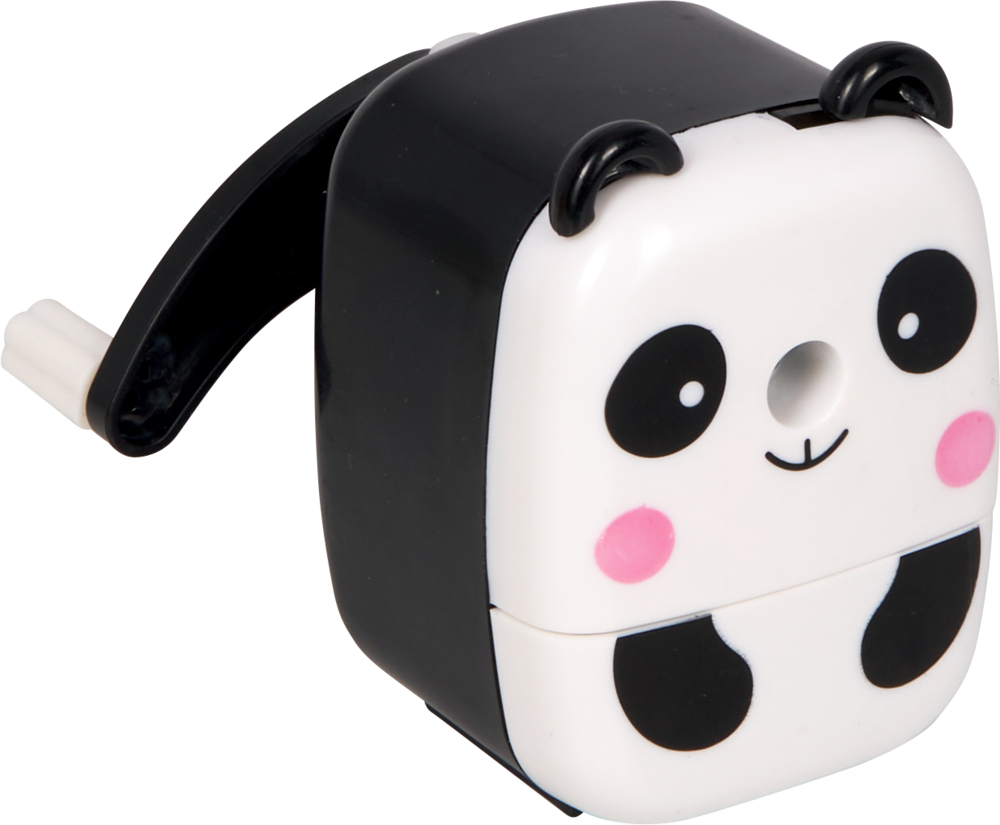 Bleistiftspitzer in Pandaform mit Handkurbel und süßem lächelnden Gesicht.