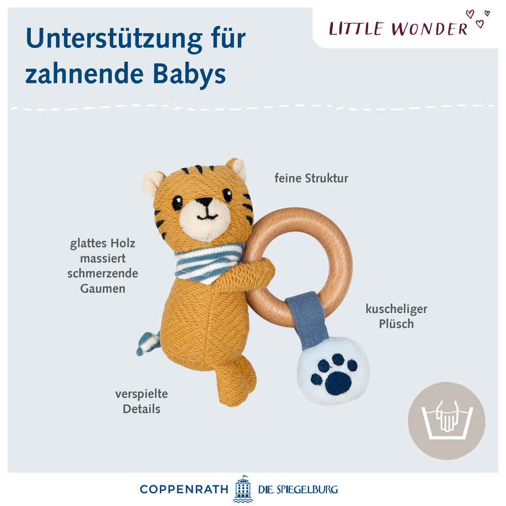 Plüsch-Tiger-Beißring mit Holzring, blauem Tuch und niedlichen Details – ideal für zahnende Babys.