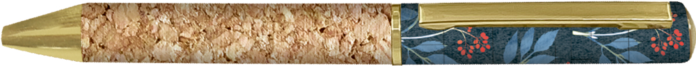 Stift mit Goldspitze, strukturiertem braunen Schaft, Kappe mit dunklem Blumenmuster und goldenem Clip.
