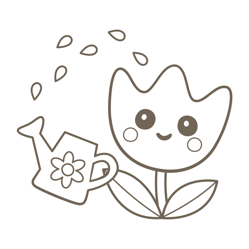 Eine lächelnde Blume wird von einer Gießkanne mit fallenden Tropfen gegossen, einfache Linienzeichnung.