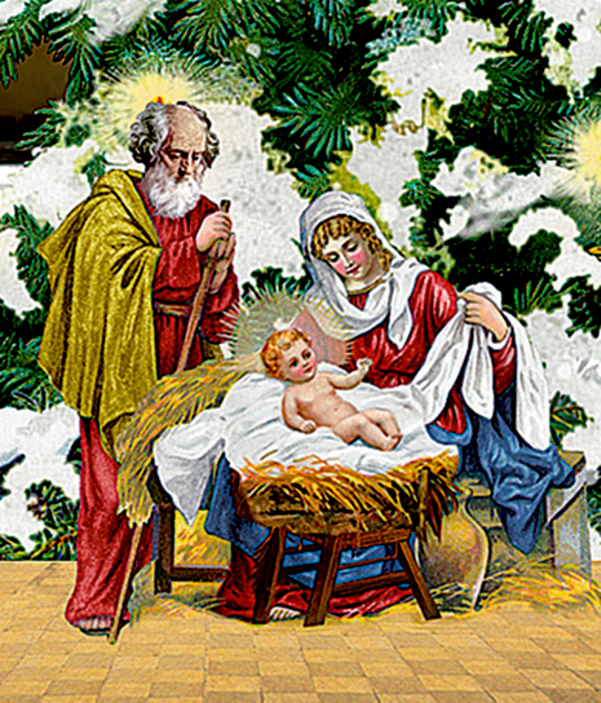 Maria, Josef und das Jesuskind in einer Krippe, umgeben von Tannengrün in einer Weihnachtskrippe.