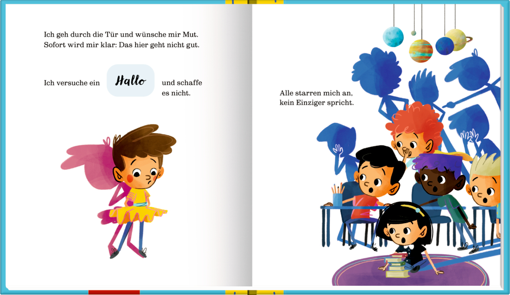Ein nervöses Kind im Tutu steht allein, während andere Kinder neugierig oder überrascht zuschauen.