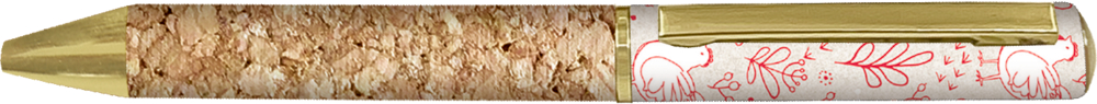 weiß, Kugelschreiber - LandLust Brauner strukturierter Stift mit goldener Spitze, weißer Kappe mit rotem Hühner-Motiv und goldenem Clip.