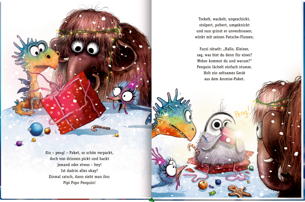 Ein Bunter Drachen, ein Huhn und ein pelziges Mammut beobachten eine rote Kiste im Schnee, aus der ein Pinguin herausspringt, auf einer Doppelseite mit Text.