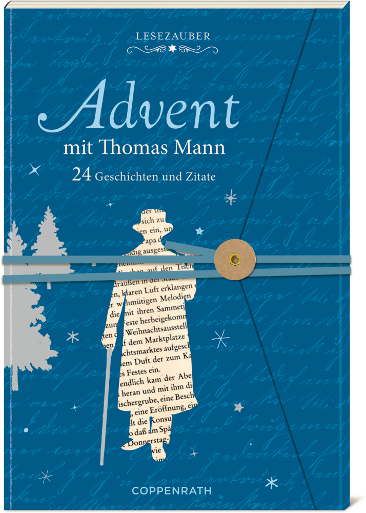 Buch mit blauem Einband, Titel „Advent mit Thomas Mann“, Silhouette einer Person aus Textseiten und goldfarbenem Gummibandverschluss.
