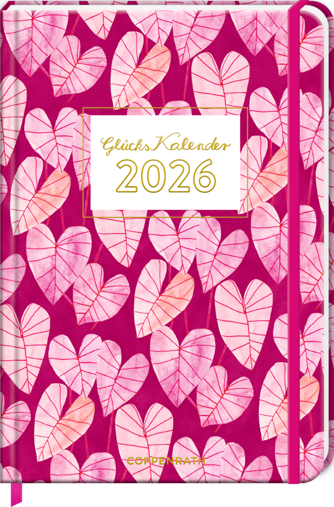 Großer Wochenkalender: GlücksKalender 2026 Blätter (All about pink) Rosa-pink-weißer Planer für 2026 mit Blattmuster und der Aufschrift „Glücks Kalender 2026“ auf dem Cover.