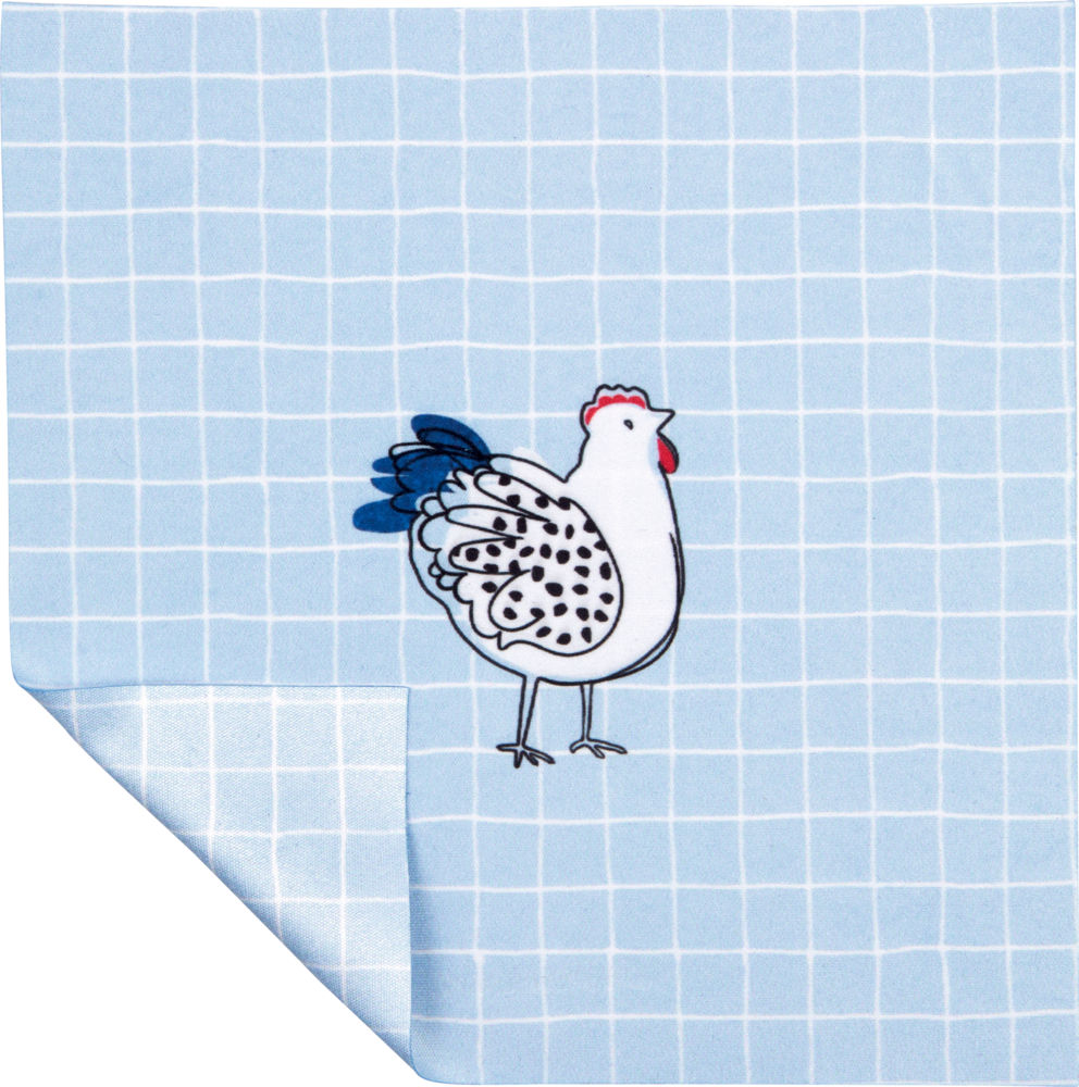 Hellblau kariertes Brillenputztuch mit einem weißen Huhn mit blauen und schwarzen Details in der Mitte.