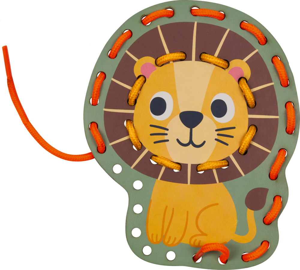 Ein Löwe-Schnür-Spielzeug mit orangefarbener Schnur, die durch Löcher am Rand gefädelt ist.