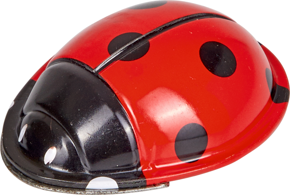 Knack-Käfer - Bunte Geschenke Ein rot-schwarzes Blechspielzeug in Form eines Marienkäfers mit schwarzen Punkten auf dem Rücken.