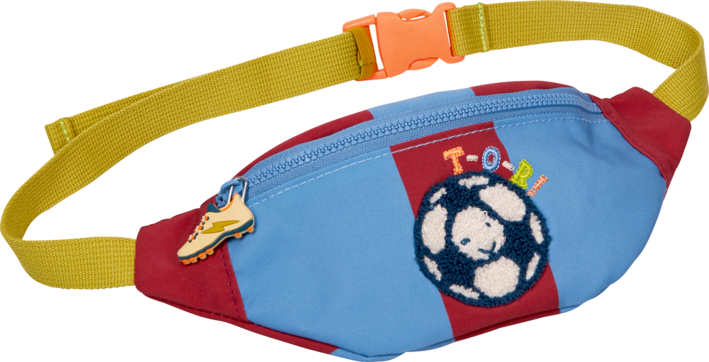Hip Bag Fußball - Kleine Freunde  Blau-rote Gürteltasche mit gelbem Riemen, Fußballaufdruck und Reißverschluss mit schuhförmigem Aufnäher.