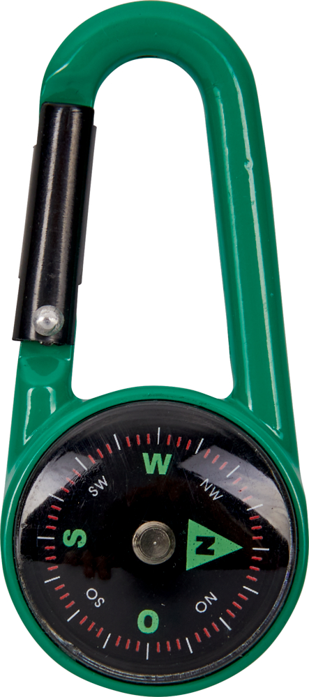 Kompass-Karabiner - Nature Zoom Grüner Karabiner mit integriertem schwarzen Kompass zur Anzeige der Himmelsrichtungen.