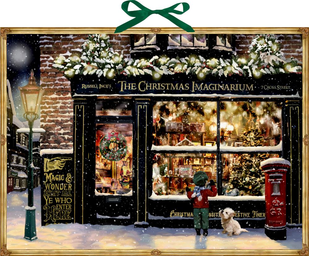 Adventskalender christmas Imaginarium Stimmungsvoll-nostalgisches Motiv: Kleiner Junge schaut abends von draußen in einen hell erleuchteten Laden.  Dazu eine verschneite Straße und ein kleiner Hund.