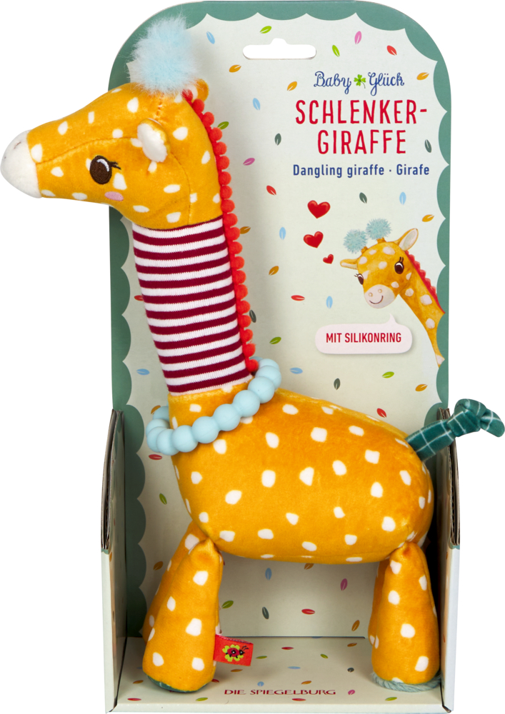 Ein gelbes Plüschgiraffenspielzeug mit weißen Flecken in bunter Verpackung mit Aufschrift Schlenker-Giraffe.