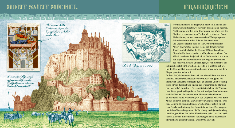 Offenes Buch mit illustration von Mont Saint Michel mit historischen Fakten, Karte und Kunsttafeln zur Geschichte .
