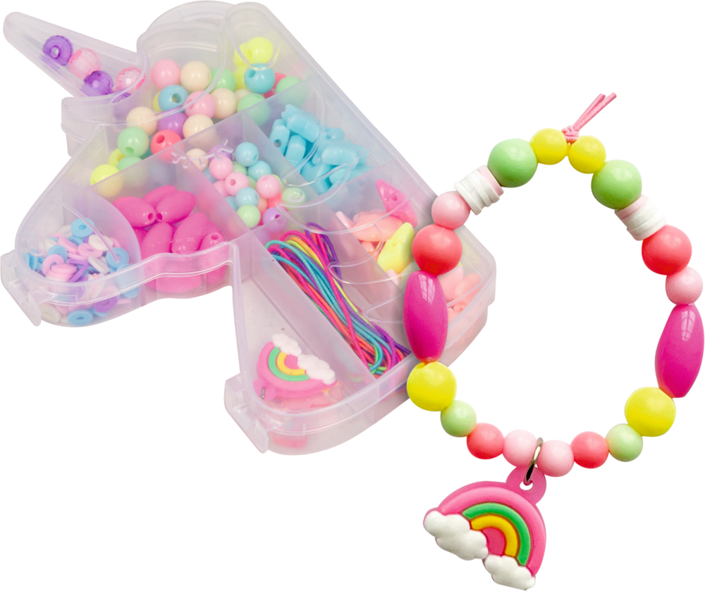 Einhornförmige Schachtel mit bunten Perlen und einem fertigen Perlenarmband mit einem Regenbogenanhänger.