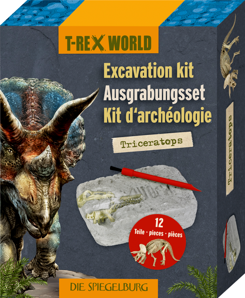 Ausgrabungsset Triceratops - T-Rex World Graue Pappbox mit Triceratops und einem Ausgrabungsset.