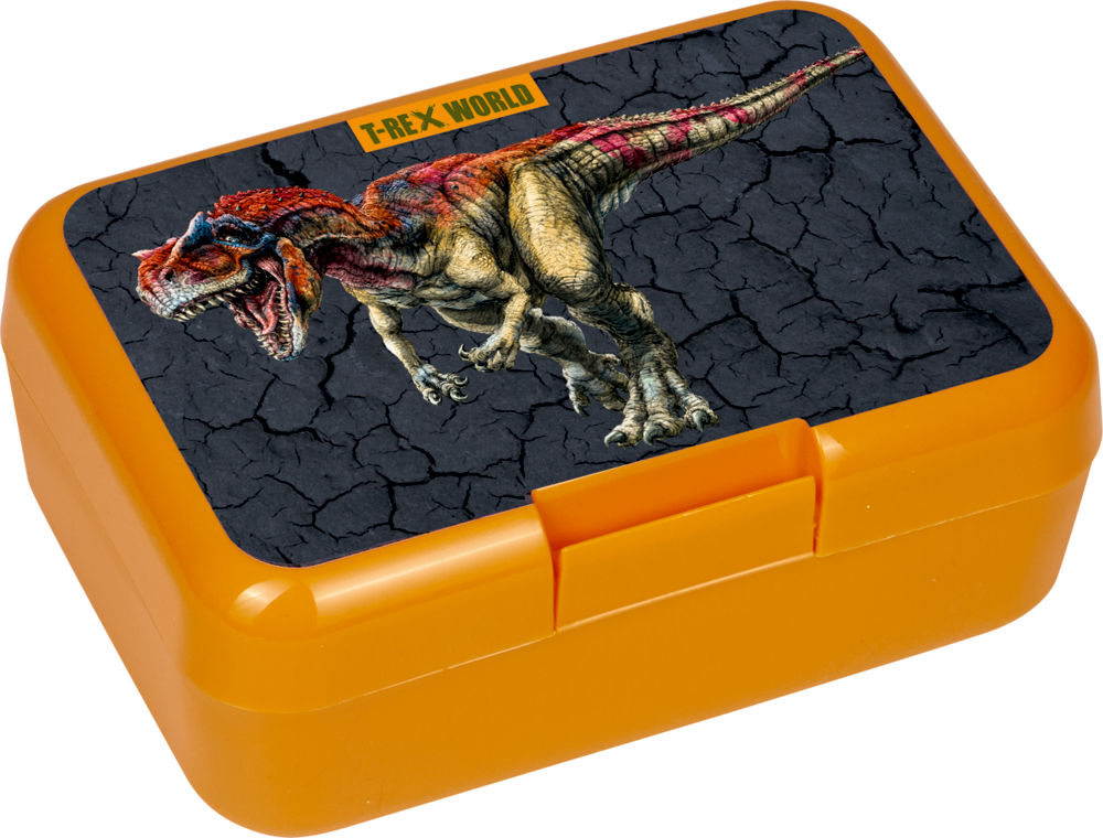 Butterbrotdose T-Rex World (neue Form) Orangefarbene Lunchbox mit einem brüllenden T-Rex-Bild und dem Text „T-REX WORLD“ auf dem Deckel.
