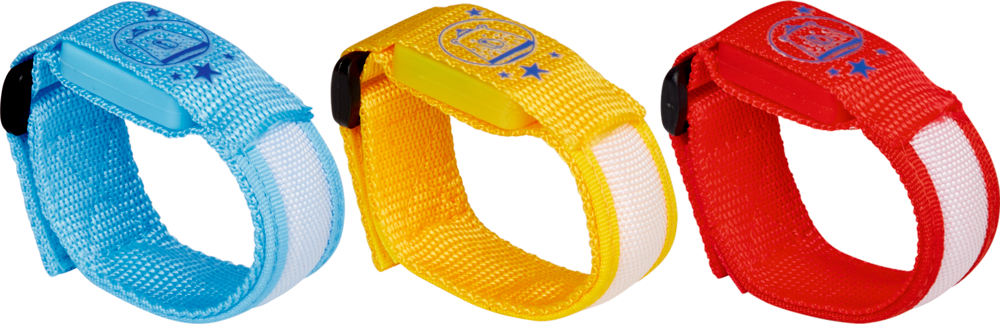 Leuchtarmband - Bunte Geschenke Drei leuchtende Armbänder – blau, gelb und rot – mit schwarzen Schnallen und aufgedruckten Bärenmotiven.