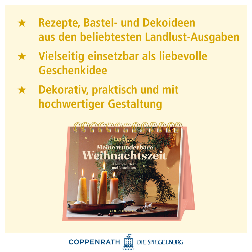 Tischkalender mit Weihnachtsmotiv, aufgeschlagen mit brennenden Kerzen und Tannenzweig, daneben gelber Text mit Produktinformationen.