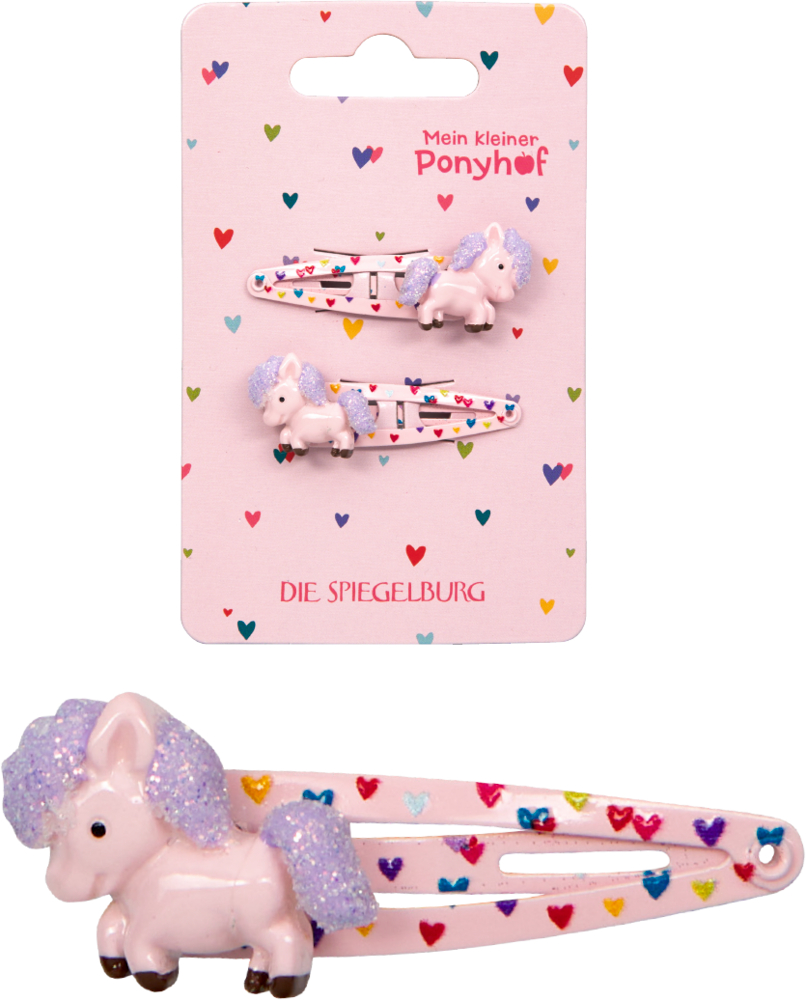 Zwei pinke Haarclips mit glitzernden Ponys und bunten Herzen auf der Verpackung.