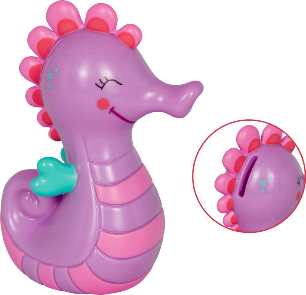 Lila Seepferdchen-Spardose mit rosa Details, blauem Flossenansatz und Münzschlitz in Nahaufnahme.