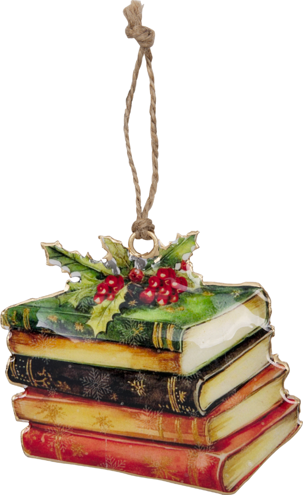 Anhänger mit Stapel aus Büchern und Stechpalmenzweig mit roten Beeren, befestigt an einer Kordel.